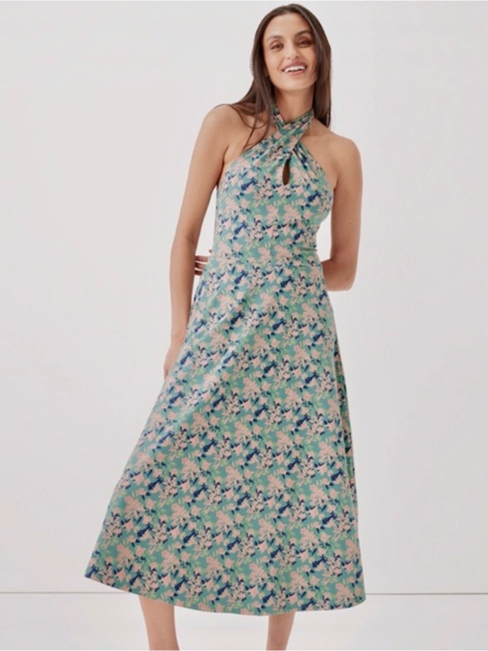 NWT Pact Floral Halter Open Back Midi Dress Green L